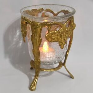 Vintage Brass Footed Candle Vessel Stand Grape Motive with Crackle Glass Insert